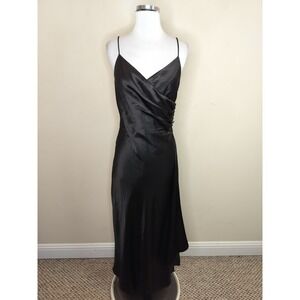 Nox Vintage Black Satin Maxi Slip Dress Faux Wrap Flowy Asymmetric